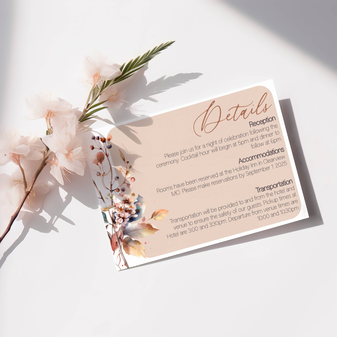 The details card has a beige background with foliage on the left hand side.  Has three different categories to put information which are reception, accommodations and transportation. 