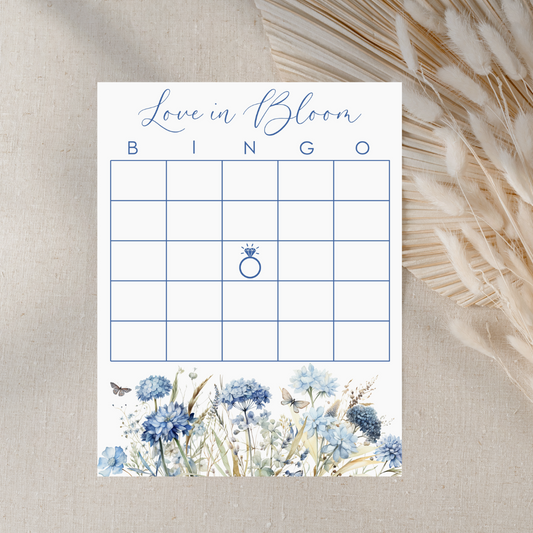 Love in Bloom Bridal Shower Bingo Card | Blue Wildflowers | Interactive Game | D